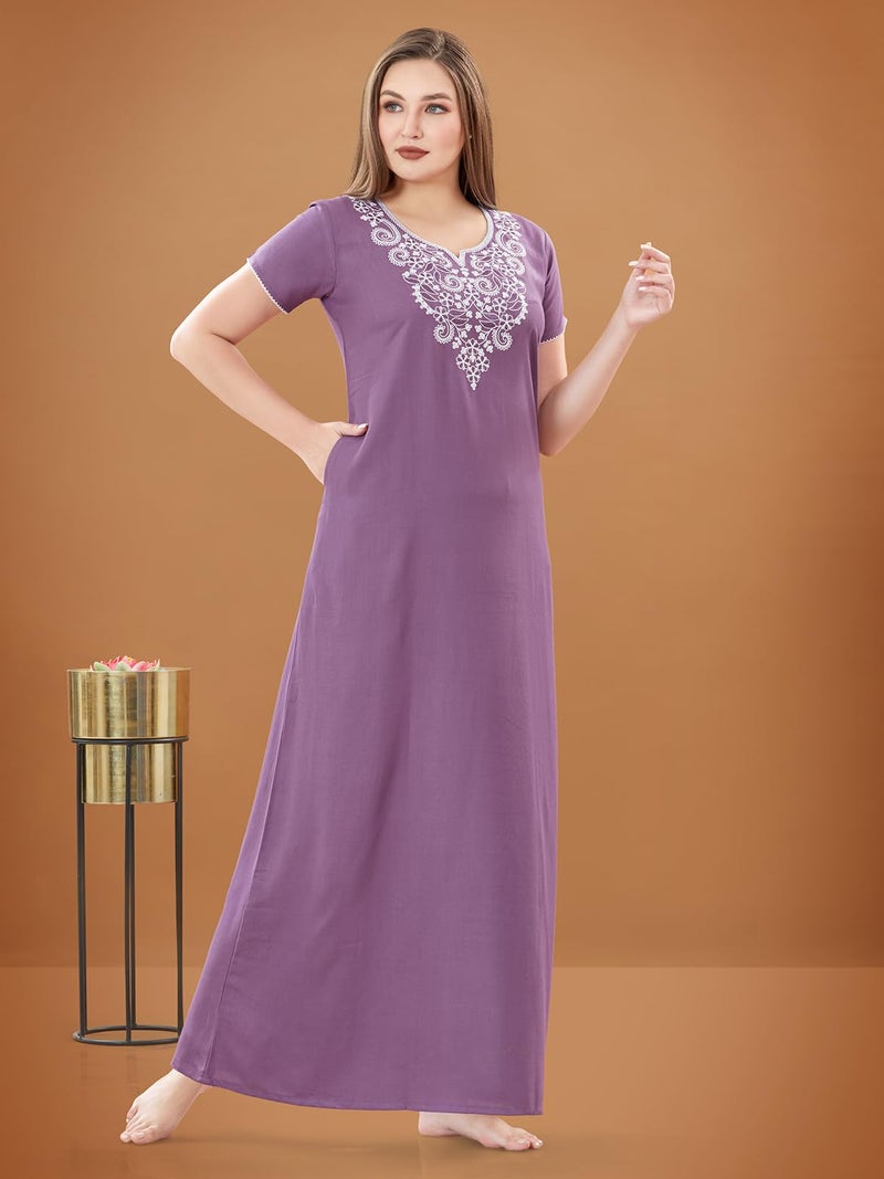 SAND DUNE Plain Nighty with Embroidery in The Front and a Pocket Women Cotton Floor Length Nighty (Violet, M) - Image 5