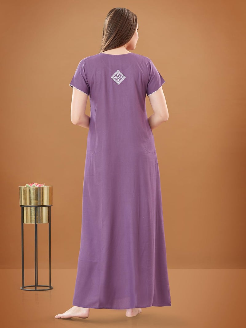 SAND DUNE Plain Nighty with Embroidery in The Front and a Pocket Women Cotton Floor Length Nighty (Violet, M) - Image 4