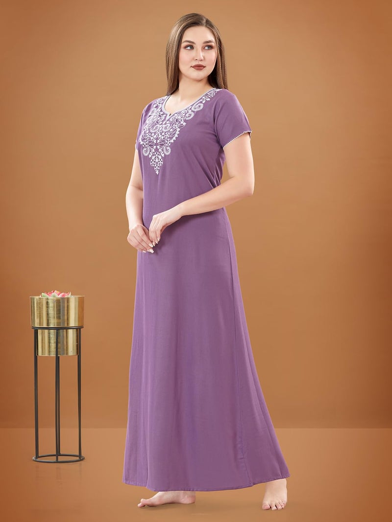 SAND DUNE Plain Nighty with Embroidery in The Front and a Pocket Women Cotton Floor Length Nighty (Violet, M) - Image 3