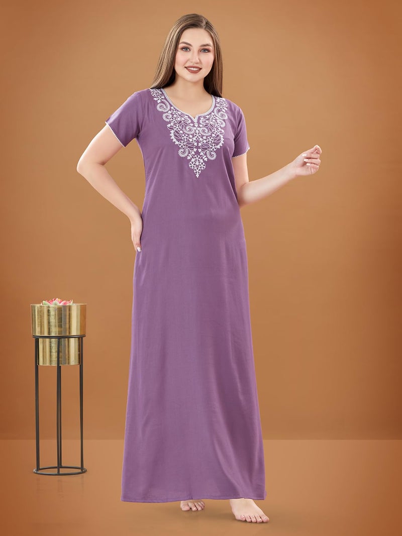 SAND DUNE Plain Nighty with Embroidery in The Front and a Pocket Women Cotton Floor Length Nighty (Violet, M) - Image 2