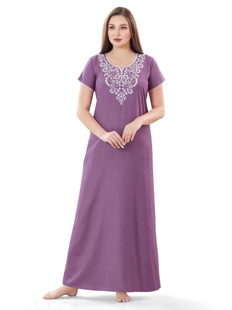 SAND DUNE Plain Nighty with Embroidery in The Front and a Pocket Women Cotton Floor Length Nighty (Violet, M) - Image 1