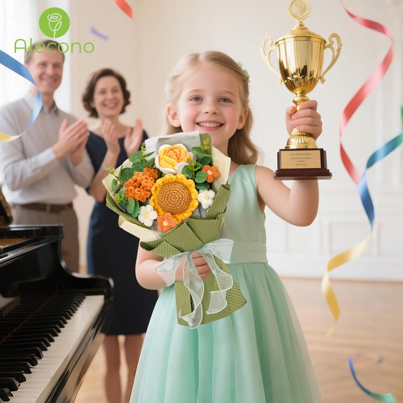 Alecono Crochet Flower Bouquet  Knitted Sunflower Flowers  Green Handmade Bouquet Of Flowers For Lover Anniversary Birthday Party Mother'S Day Graduation Gifts (Include Card) - Image 3