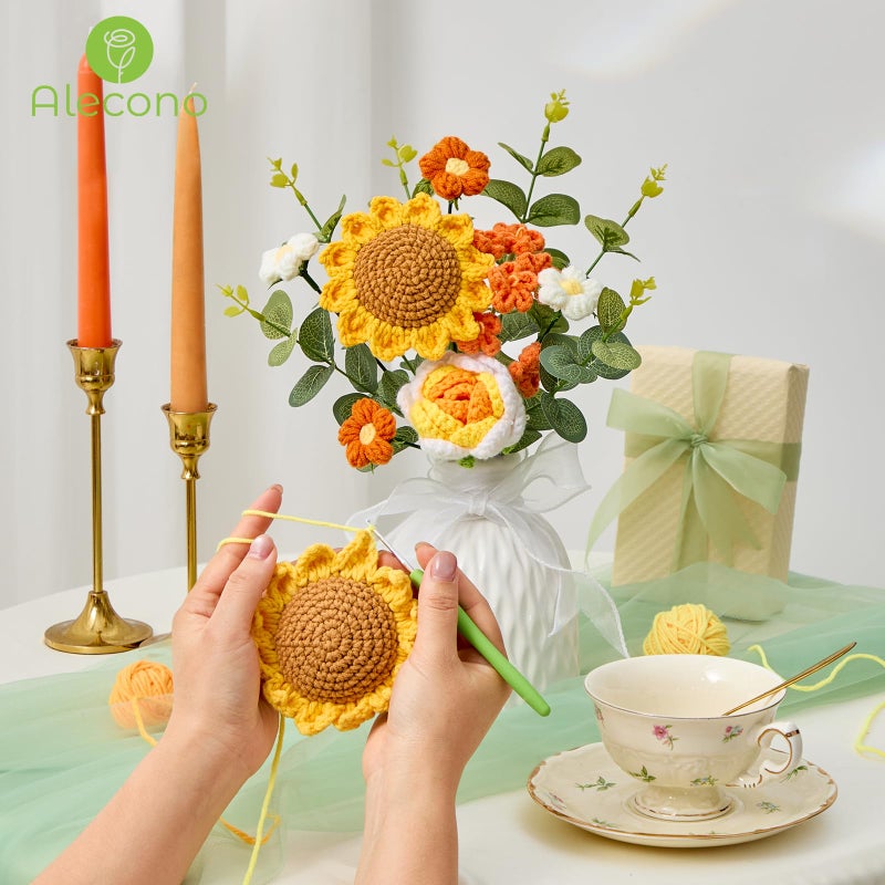 Alecono Crochet Flower Bouquet  Knitted Sunflower Flowers  Green Handmade Bouquet Of Flowers For Lover Anniversary Birthday Party Mother'S Day Graduation Gifts (Include Card) - Image 4