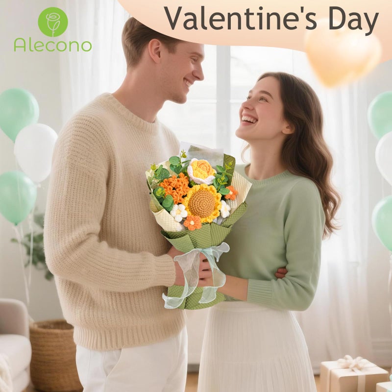 Alecono Crochet Flower Bouquet  Knitted Sunflower Flowers  Green Handmade Bouquet Of Flowers For Lover Anniversary Birthday Party Mother'S Day Graduation Gifts (Include Card) - Image 2