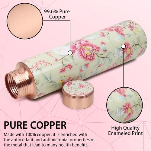 MERCAPE® - 100% Pure Joint Less Copper Bottles for Water with Leak Proof Lid | Ayurveda BPA Free & Non Toxic | Ayurvedic Office | Flower Print Bottle | Hiking Treking Bottle - 900ml - Image 3
