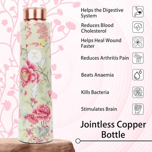 MERCAPE® - 100% Pure Joint Less Copper Bottles for Water with Leak Proof Lid | Ayurveda BPA Free & Non Toxic | Ayurvedic Office | Flower Print Bottle | Hiking Treking Bottle - 900ml - Image 2