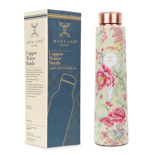 MERCAPE® - 100% Pure Joint Less Copper Bottles for Water with Leak Proof Lid | Ayurveda BPA Free & Non Toxic | Ayurvedic Office | Flower Print Bottle | Hiking Treking Bottle - 900ml - Image 1