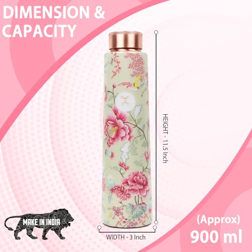 MERCAPE® - 100% Pure Joint Less Copper Bottles for Water with Leak Proof Lid | Ayurveda BPA Free & Non Toxic | Ayurvedic Office | Flower Print Bottle | Hiking Treking Bottle - 900ml - Image 5