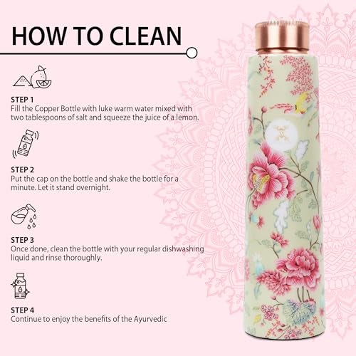 MERCAPE® - 100% Pure Joint Less Copper Bottles for Water with Leak Proof Lid | Ayurveda BPA Free & Non Toxic | Ayurvedic Office | Flower Print Bottle | Hiking Treking Bottle - 900ml - Image 4