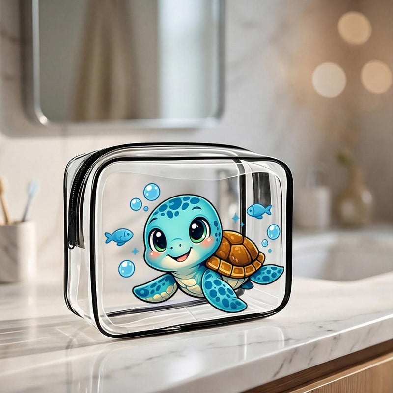 Toilet And Toiletry Bags Cute Kawaii Sea Turtle Clear PVC Zippered Makeup Organizer Bag Large Cartoon Style With Blue Fish And Bubbles Portable Cosmetic Storage Pouch For Travel Daily Use - Image 1