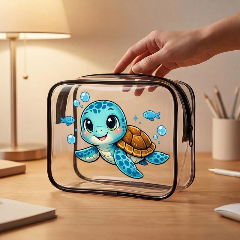 Toilet And Toiletry Bags Cute Kawaii Sea Turtle Clear PVC Zippered Makeup Organizer Bag Large Cartoon Style With Blue Fish And Bubbles Portable Cosmetic Storage Pouch For Travel Daily Use - Image 2