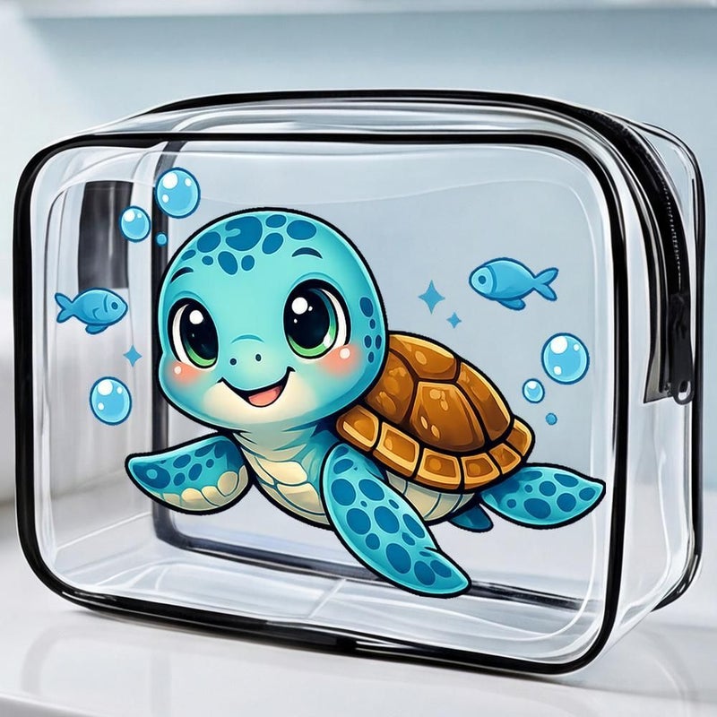 Toilet And Toiletry Bags Cute Kawaii Sea Turtle Clear PVC Zippered Makeup Organizer Bag Large Cartoon Style With Blue Fish And Bubbles Portable Cosmetic Storage Pouch For Travel Daily Use - Image 5