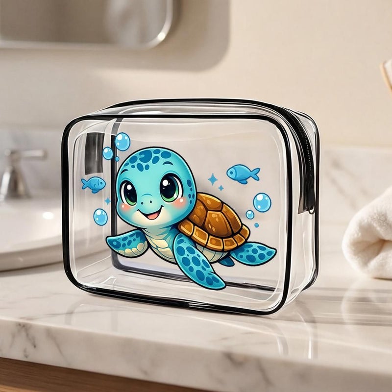 Toilet And Toiletry Bags Cute Kawaii Sea Turtle Clear PVC Zippered Makeup Organizer Bag Large Cartoon Style With Blue Fish And Bubbles Portable Cosmetic Storage Pouch For Travel Daily Use - Image 4