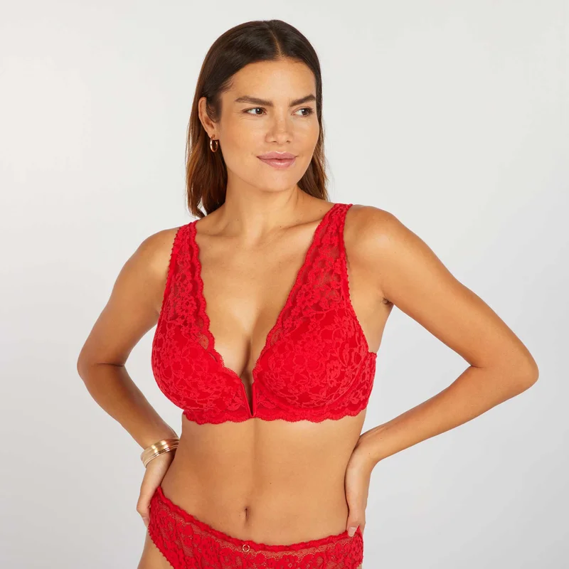 Kiabi Plunging Lace Bra D&amp;E Cups True Red