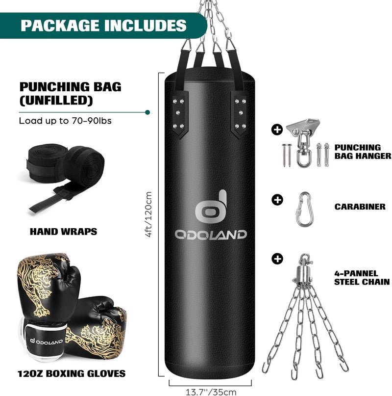 Odoland Punching Bag Set for Adults, 4FT PU Heavy Boxing Bag Set with 12OZ Boxing Gloves, Hand Wraps, Hanging Chains for MMA Karate Kickboxing Home Gym Training as Boys Gifts - Unfilled - Image 2