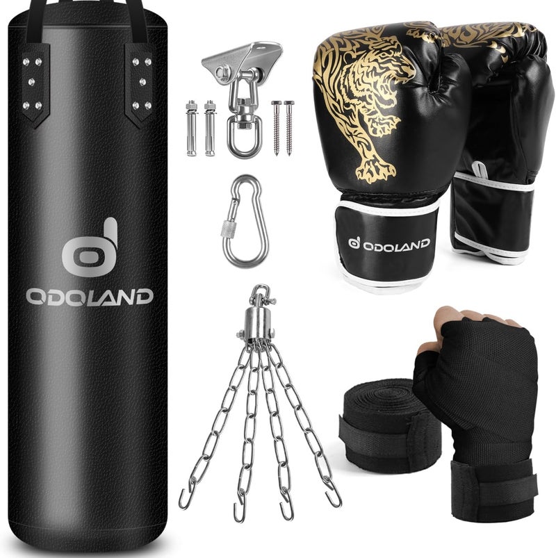 Odoland Punching Bag Set for Adults, 4FT PU Heavy Boxing Bag Set with 12OZ Boxing Gloves, Hand Wraps, Hanging Chains for MMA Karate Kickboxing Home Gym Training as Boys Gifts - Unfilled - Image 1