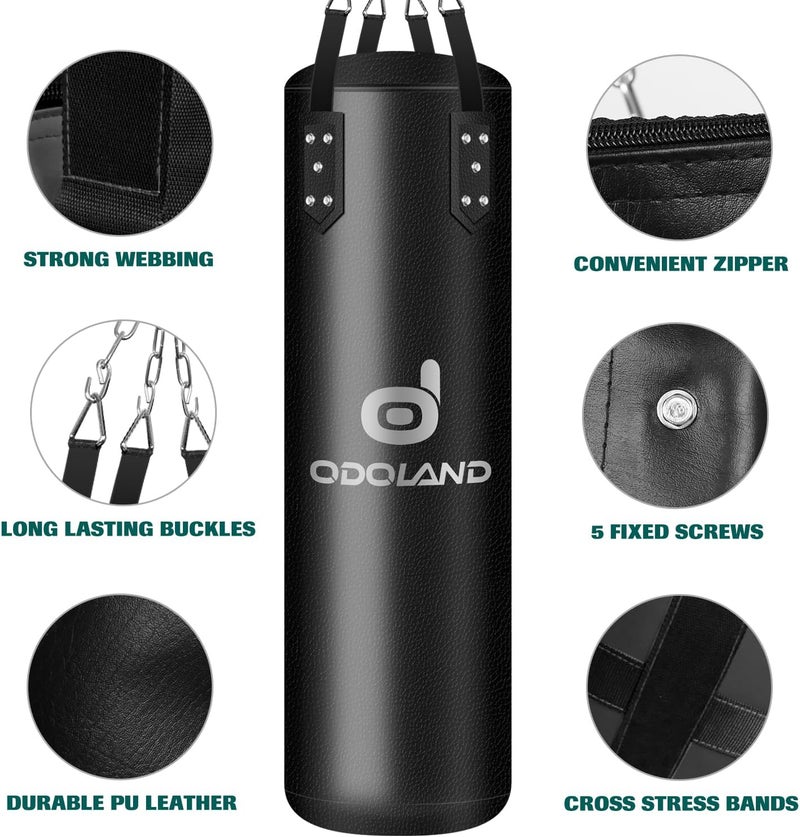 Odoland Punching Bag Set for Adults, 4FT PU Heavy Boxing Bag Set with 12OZ Boxing Gloves, Hand Wraps, Hanging Chains for MMA Karate Kickboxing Home Gym Training as Boys Gifts - Unfilled - Image 3