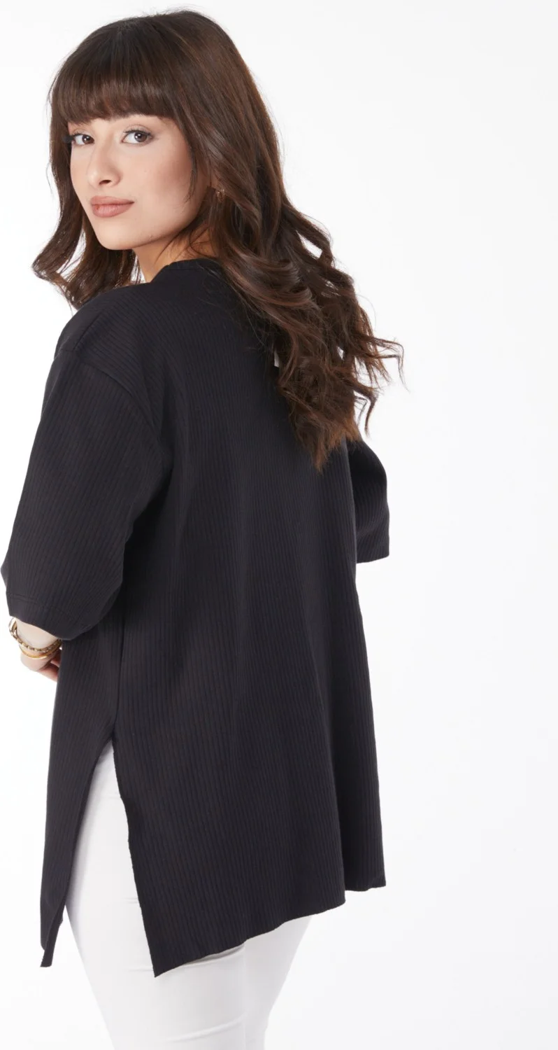 Tofisa Plain Crew Neck Women's Black Slit T-Shirt - 25114