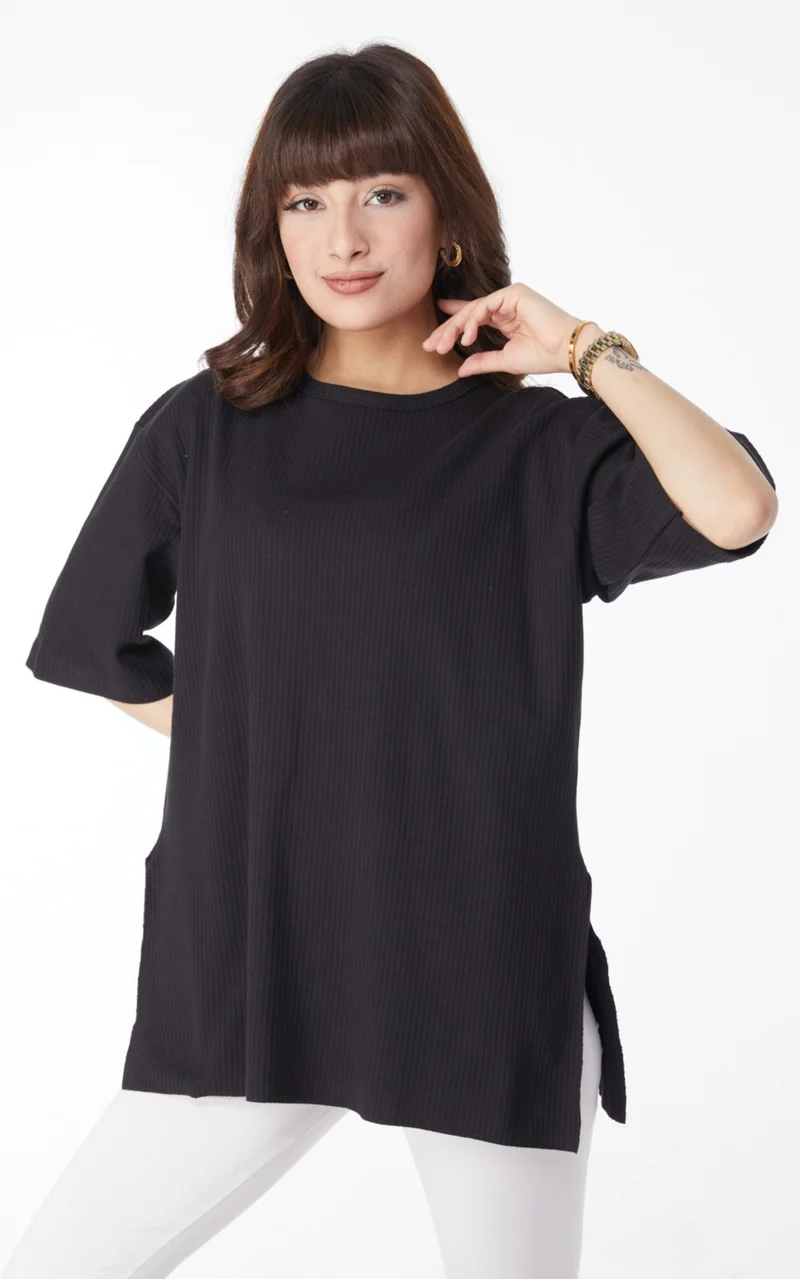 Tofisa Plain Crew Neck Women's Black Slit T-Shirt - 25114