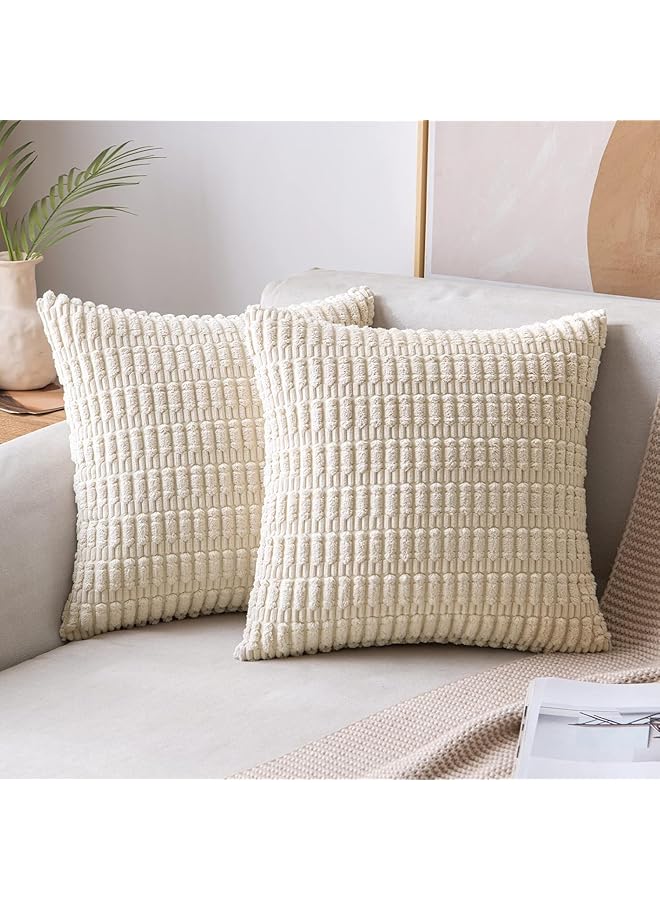 The Bros Corduroy Decorative Throw Pillow Covers 18x18 Inch Soft Boho Striped Pillow Covers Modern Farmhouse Home Decor for Spring Sofa Living Room Couch Bed Cream White(Pack of 2) - Image 1