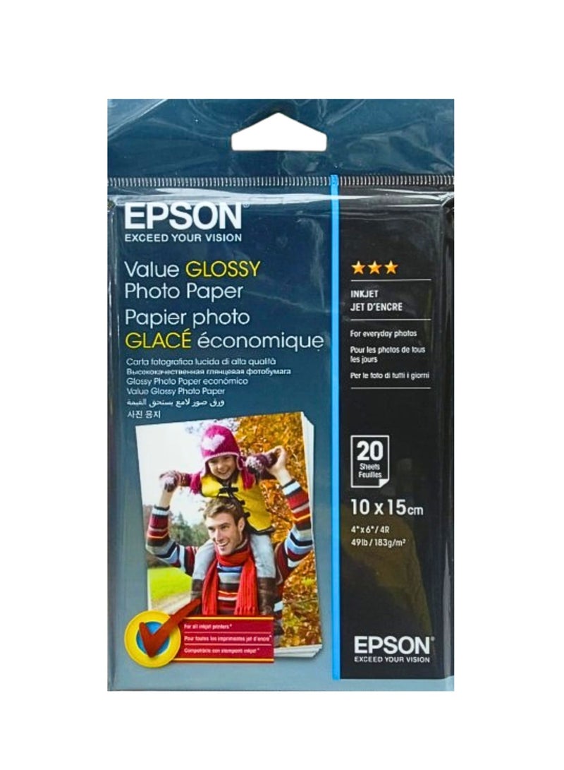 EPSON Premium Glossy Photo Paper, 183gsm Weight Sturdy, 10x15 cm Size, 20 Sheets, For High Quality Photos, Compatible For All Inkjet Printers - Image 1