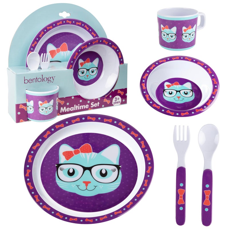 5 Pc Mealtime Baby Feeding Set for Kids and Toddlers  Includes Plate Bowl Cup Fork and Spoon Utensil Flatware  Durable Dishwasher Safe BPA Free  Kitty