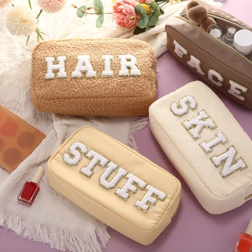 Kajaia 4 Pcs Preppy Makeup Bags Chenille Letter Bag Hair Face Skin Stuff Cosmetic Pouch Cases for Women Travel Toiletry Spend The Night(Beige, Brown, Milk White, Coffee,Fresh) - Image 4