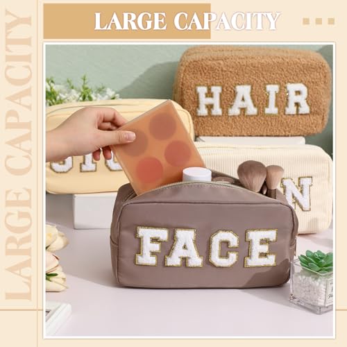 Kajaia 4 Pcs Preppy Makeup Bags Chenille Letter Bag Hair Face Skin Stuff Cosmetic Pouch Cases for Women Travel Toiletry Spend The Night(Beige, Brown, Milk White, Coffee,Fresh) - Image 5