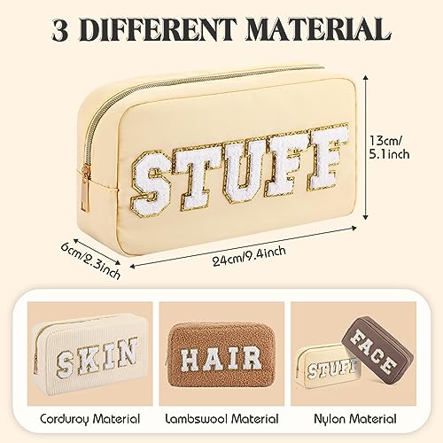 Kajaia 4 Pcs Preppy Makeup Bags Chenille Letter Bag Hair Face Skin Stuff Cosmetic Pouch Cases for Women Travel Toiletry Spend The Night(Beige, Brown, Milk White, Coffee,Fresh) - Image 2