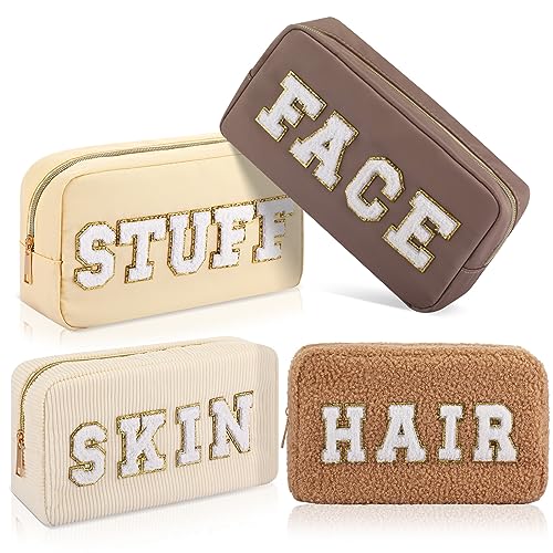 Kajaia 4 Pcs Preppy Makeup Bags Chenille Letter Bag Hair Face Skin Stuff Cosmetic Pouch Cases for Women Travel Toiletry Spend The Night(Beige, Brown, Milk White, Coffee,Fresh) - Image 1