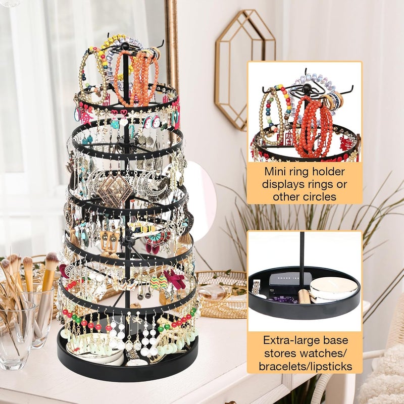 17Dec 6 Tier Rotating Jewelry Organizer Stand, 230 Holes Earring Holder Organizer for Women Girls, Spinning Earring Tree with Ring Holder, Wide Base for Bracelets Watches Lipstick - Image 4