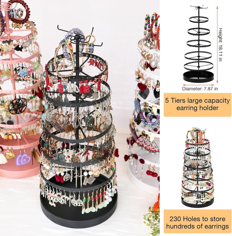 17Dec 6 Tier Rotating Jewelry Organizer Stand, 230 Holes Earring Holder Organizer for Women Girls, Spinning Earring Tree with Ring Holder, Wide Base for Bracelets Watches Lipstick - Image 3