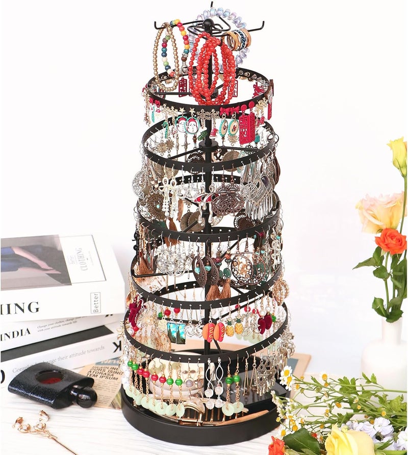 17Dec 6 Tier Rotating Jewelry Organizer Stand, 230 Holes Earring Holder Organizer for Women Girls, Spinning Earring Tree with Ring Holder, Wide Base for Bracelets Watches Lipstick - Image 1