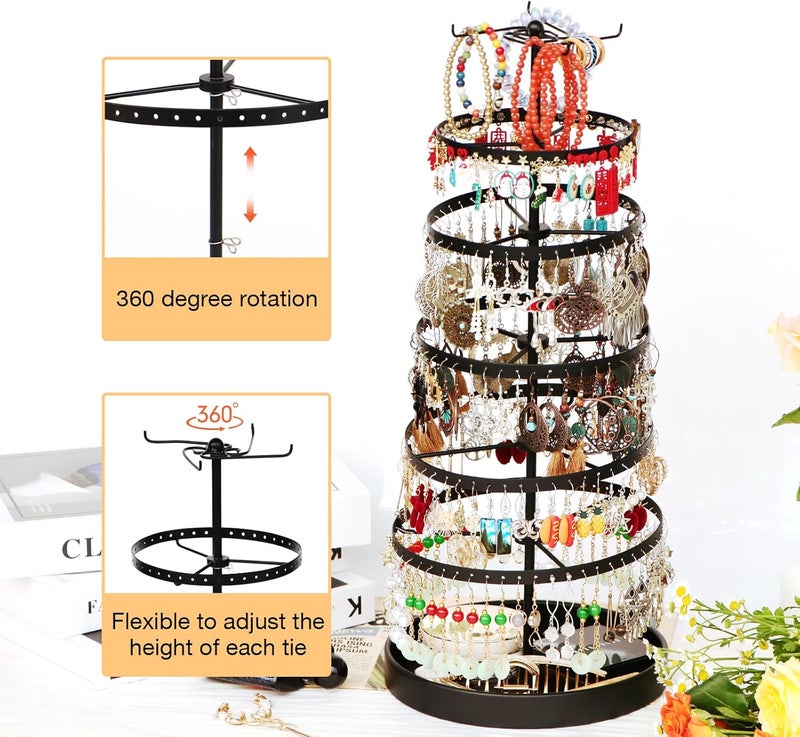 17Dec 6 Tier Rotating Jewelry Organizer Stand, 230 Holes Earring Holder Organizer for Women Girls, Spinning Earring Tree with Ring Holder, Wide Base for Bracelets Watches Lipstick - Image 2