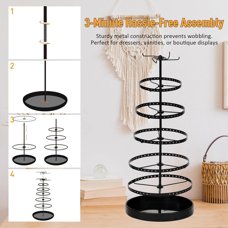 17Dec 6 Tier Rotating Jewelry Organizer Stand, 230 Holes Earring Holder Organizer for Women Girls, Spinning Earring Tree with Ring Holder, Wide Base for Bracelets Watches Lipstick - Image 5