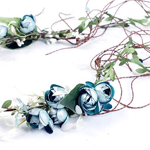 WLBON Flower Crown Headband Rose Wreath Garland Hair Bands Floral Wedding Bridal Hair Hoop Women Ladies Leaf Vine Party Decoration Headdress Headwear Christmas Handmade Headpiece Hair Accessories Blue - Image 5