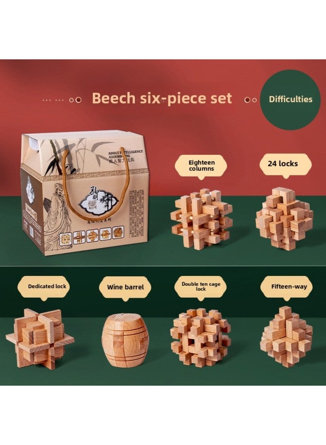 Kong Ming Lock Luban Lock Full Set Of Intelligence Unlock Suit Wooden Primary School Children's Nine-chain Educational Toys 38 Sets-Color:Luban Lock 【beech Six-piece Set】 Storage Box Difficult - Image 1