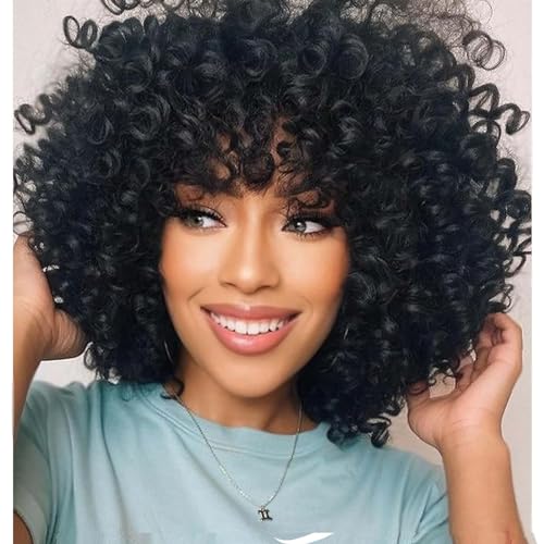 PHOENIXFLY Black Curly Wigs for Black Women Short Curly Wigs for Women Curly Synthetic Hair Heat Resistant Hair Replacement with Wig Caps (Black) - Image 1