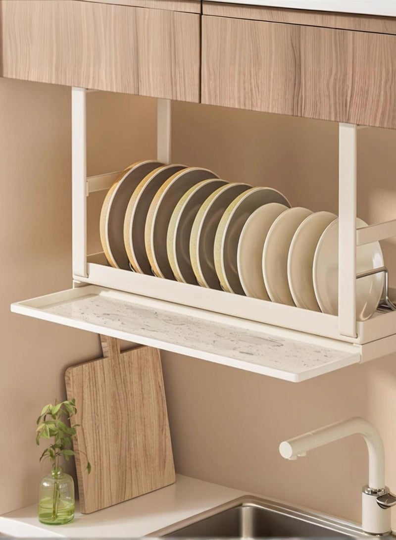 XiuWoo Hanging Under Shelf Dishes Storage Basket, Adjustable Width Under Cabinet Add-on Dish Storage Racks, Heavy Duty Slide-in Baskets Organizer ,With Drain tray, for Cabinet Pantry Kitchen Cupboard Desk, White - Image 1