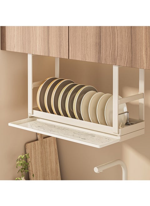 Hanging Under Shelf Dishes Storage Basket, Adjustable Width Under Cabinet Add-on Dish Storage Racks, Heavy Duty Slide-in Baskets Organizer ,With Drain tray, for Cabinet Pantry Kitchen Cupboard Desk, White