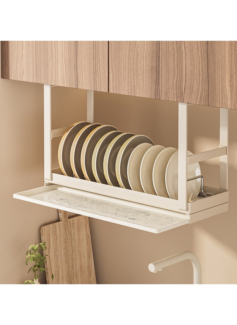 Hanging Under Shelf Dishes Storage Basket, Adjustable Width Under Cabinet Add-on Dish Storage Racks, Heavy Duty Slide-in Baskets Organizer ,With Drain tray, for Cabinet Pantry Kitchen Cupboard Desk, White