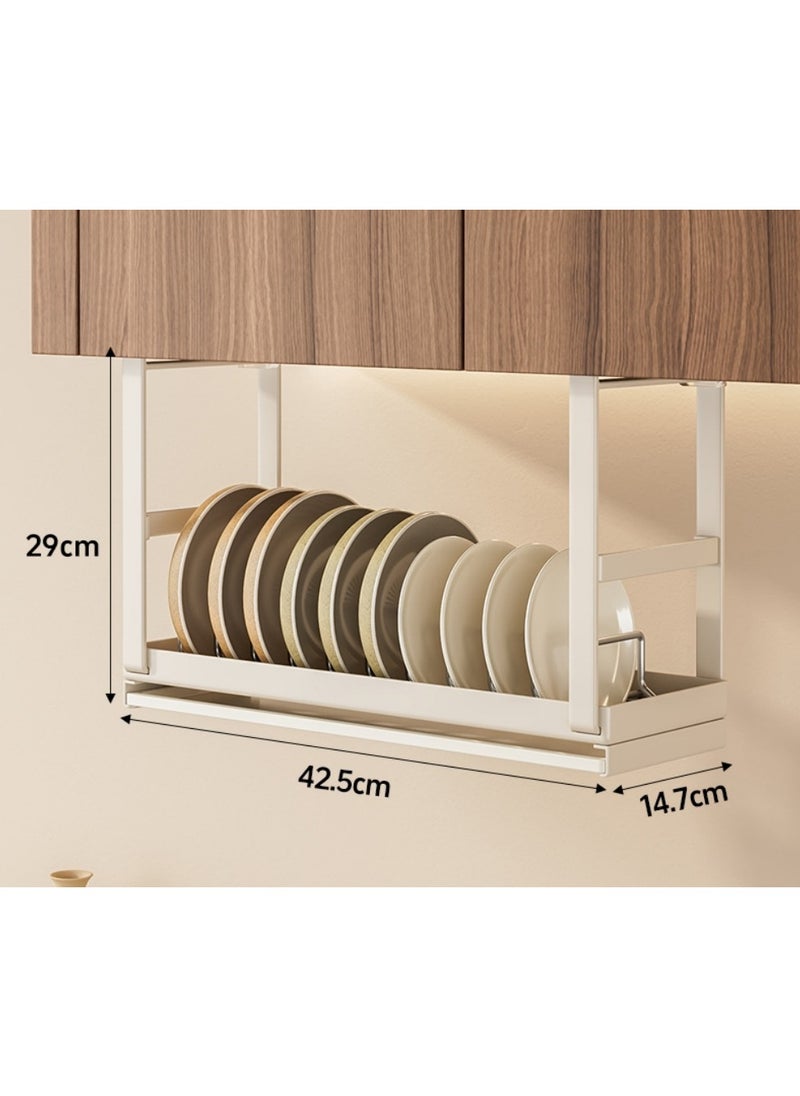 Hanging Under Shelf Dishes Storage Basket, Adjustable Width Under Cabinet Add-on Dish Storage Racks, Heavy Duty Slide-in Baskets Organizer ,With Drain tray, for Cabinet Pantry Kitchen Cupboard Desk, White