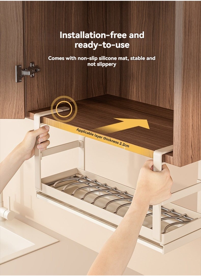 Hanging Under Shelf Dishes Storage Basket, Adjustable Width Under Cabinet Add-on Dish Storage Racks, Heavy Duty Slide-in Baskets Organizer ,With Drain tray, for Cabinet Pantry Kitchen Cupboard Desk, White