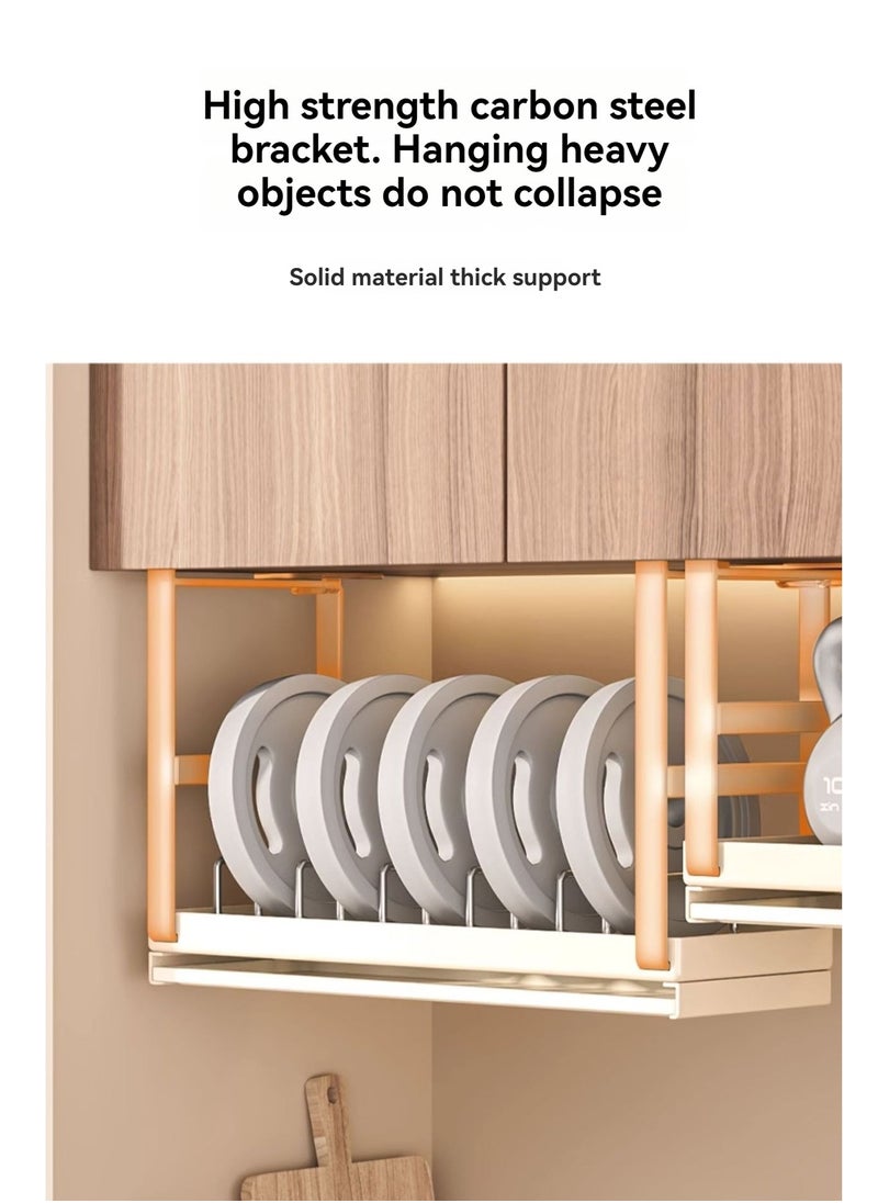 Hanging Under Shelf Dishes Storage Basket, Adjustable Width Under Cabinet Add-on Dish Storage Racks, Heavy Duty Slide-in Baskets Organizer ,With Drain tray, for Cabinet Pantry Kitchen Cupboard Desk, White