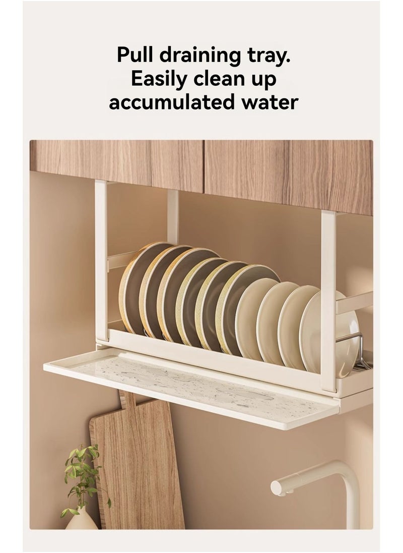 Hanging Under Shelf Dishes Storage Basket, Adjustable Width Under Cabinet Add-on Dish Storage Racks, Heavy Duty Slide-in Baskets Organizer ,With Drain tray, for Cabinet Pantry Kitchen Cupboard Desk, White