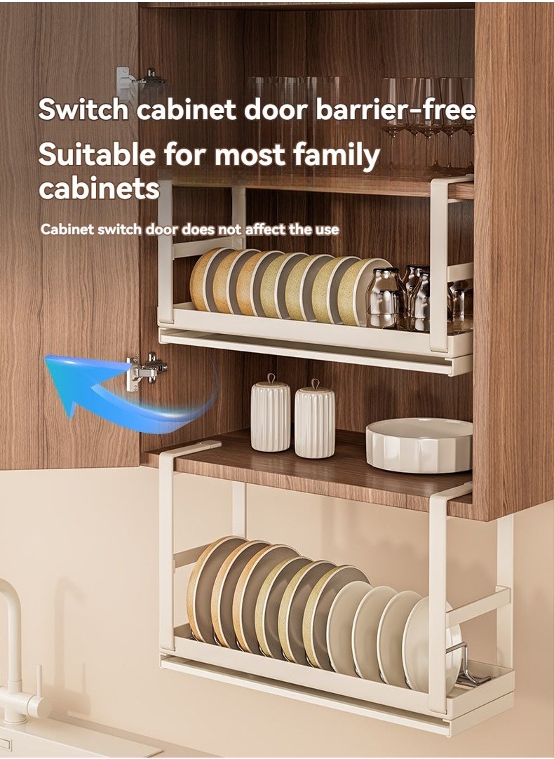 Hanging Under Shelf Dishes Storage Basket, Adjustable Width Under Cabinet Add-on Dish Storage Racks, Heavy Duty Slide-in Baskets Organizer ,With Drain tray, for Cabinet Pantry Kitchen Cupboard Desk, White