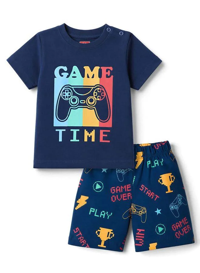 Babyhug Babyhug Cotton Knit Half Sleeves Short Pajama Set With Game Print - Navy Blue