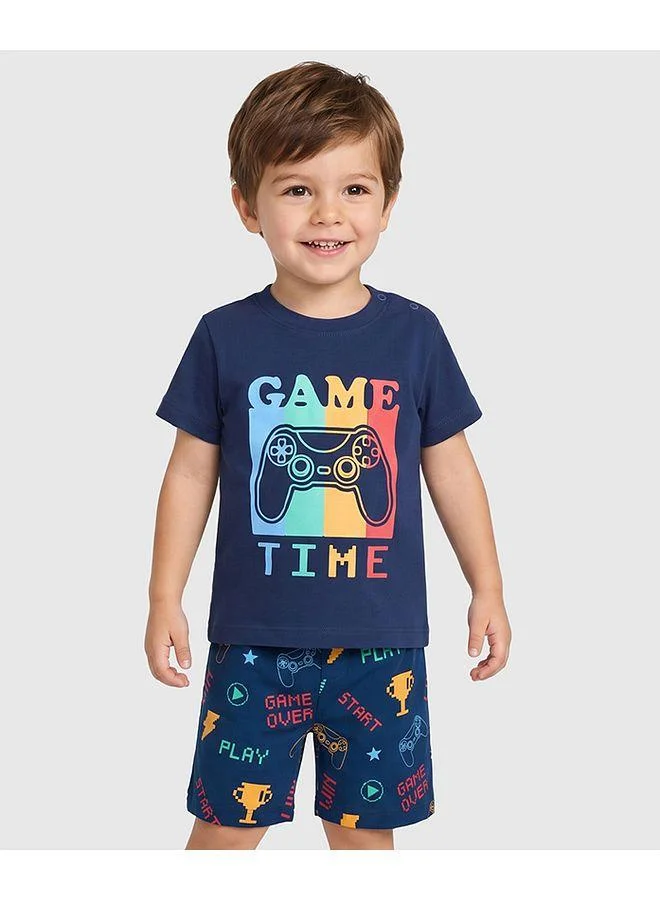 Babyhug Babyhug Cotton Knit Half Sleeves Short Pajama Set With Game Print - Navy Blue