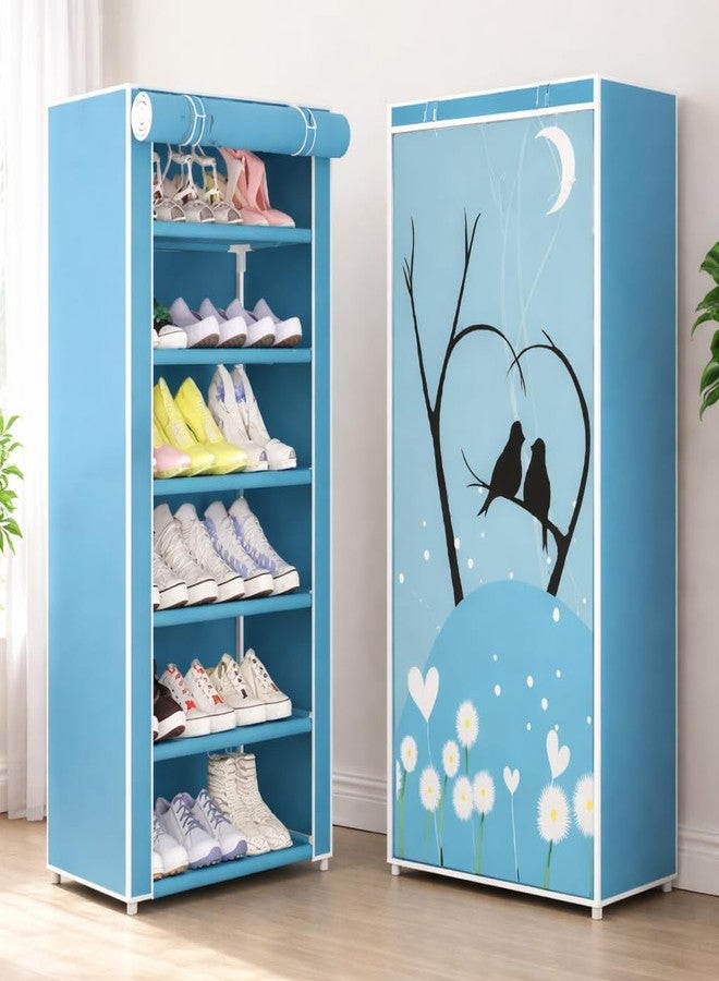 FLIPZON Premium 6-Tier Shoe Rack with Cover | Foldable Shoe Organizer Cabinet with Love Bird Design | Dustproof Fabric Shoe Stand for Home, Bedroom & Entryway | Space Saving Storage (Blue) - Image 1