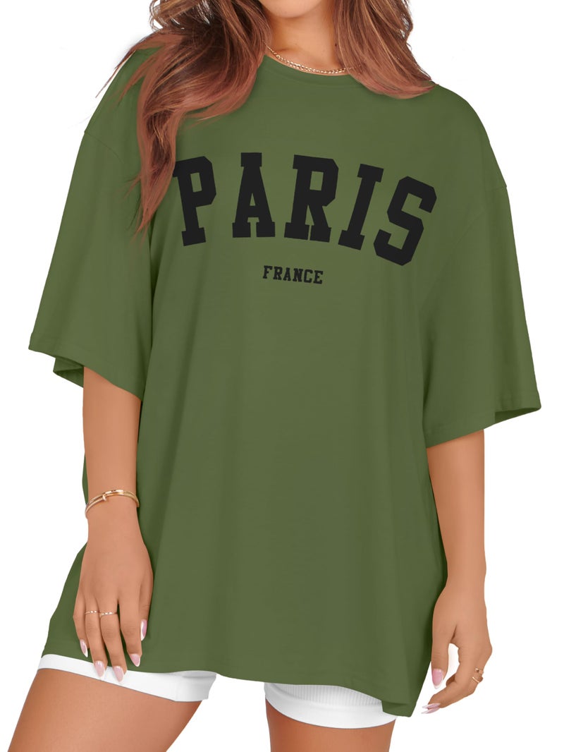 rosemia Oversized Tshirts for Women Summer Short Sleeve Round Neck Graphic Tee Shirt, Green Pairs, L - Image 1